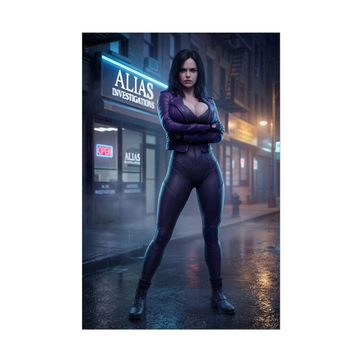 Jessica Jones Poster, Marvel Art Print  Superhero Wall Art showing Jessica Jones in purple suit standing in front of Alias Investigations on a rainy city street