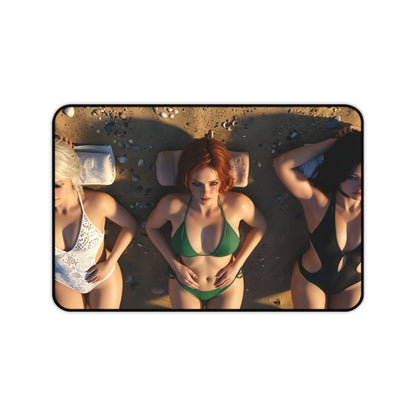 Ciri Triss Yennefer Gaming Mouse Pad, Witcher Desk Mat, Fantasy Heroine Setup - trio of heroines on beach desk mat
