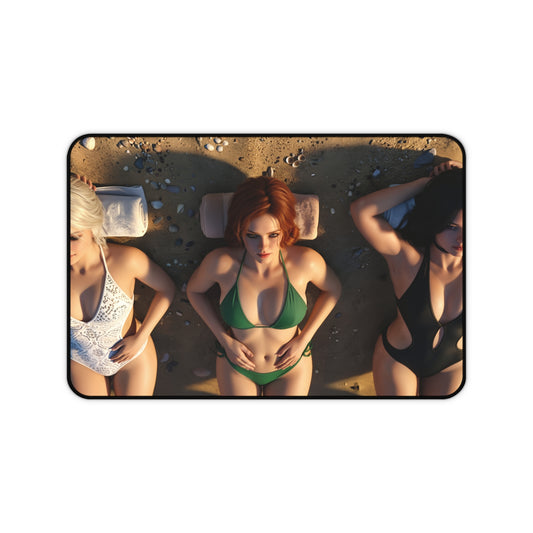 Ciri Triss Yennefer Gaming Mouse Pad, Witcher Desk Mat, Fantasy Heroine Setup - trio of heroines on beach desk mat