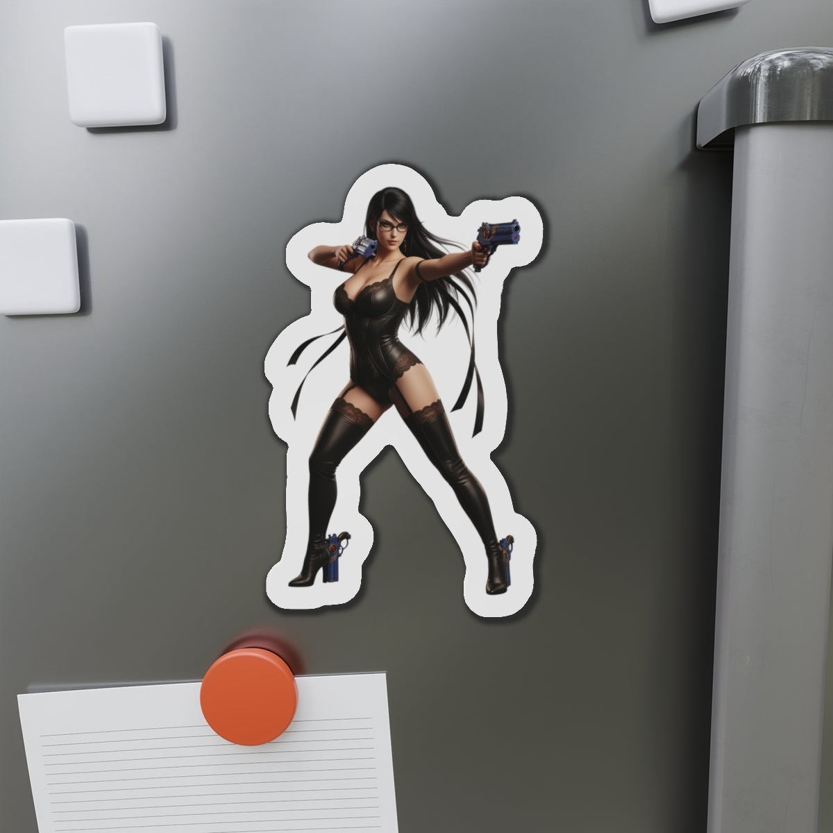 Bayonetta Magnet – Action Game Heroine Fridge Magnet, Anime Style Decor on fridge showing die-cut vinyl Bayonetta sticker with guns and anime-style artwork