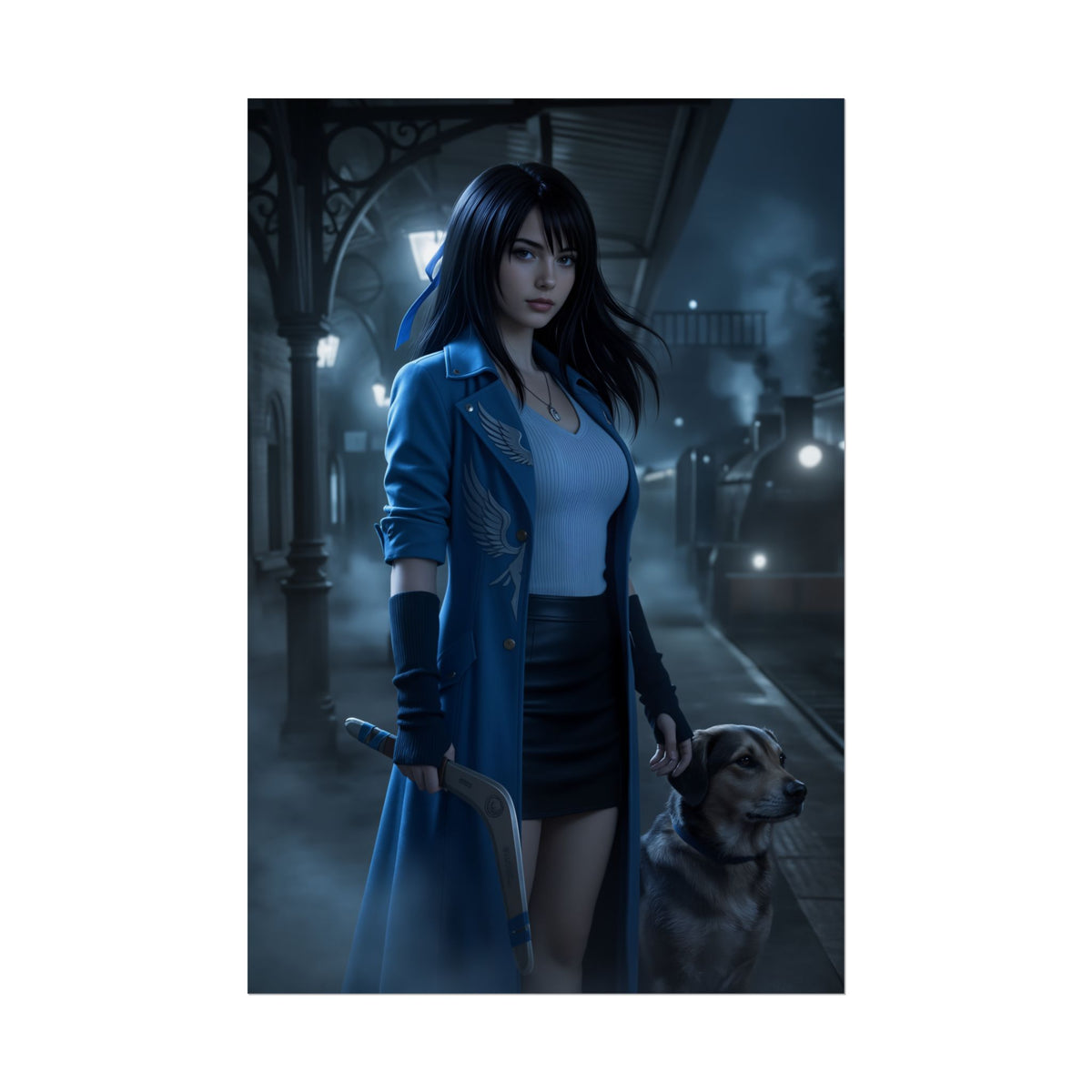 Rinoa Heartilly Poster, Final Fantasy Art Print  Iconic RPG Heroine: moody train station art print of heroine with dog, blue coat, high-res semi-gloss