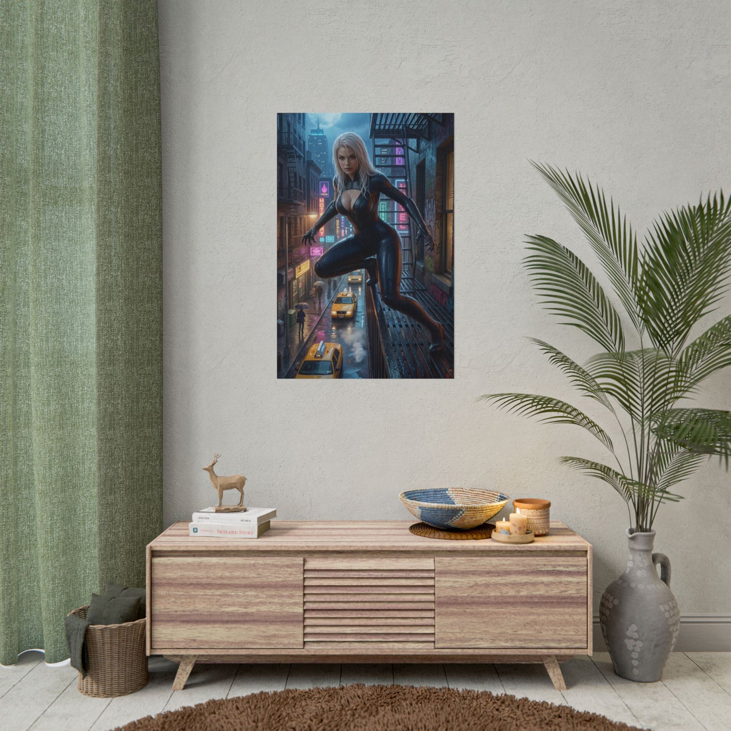 Black Cat Poster, Marvel Art Print – Iconic Comic Anti-Heroine Wall Art showing sleek Black Cat on a city fire escape over neon street scene