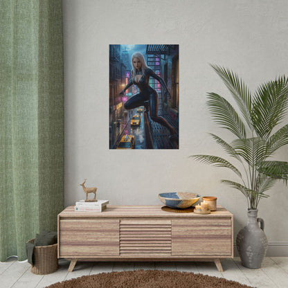 Black Cat Poster, Marvel Art Print – Iconic Comic Anti-Heroine Wall Art showing sleek Black Cat on a city fire escape over neon street scene