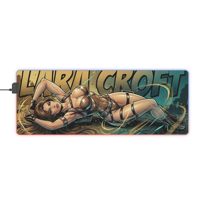 Lara Croft RGB Desk Mat, Adventure Game Gaming Mouse Pad, LED Desk Mat for Gamer Setup featuring illustrator-style Lara Croft art, RGB glow, non-slip base