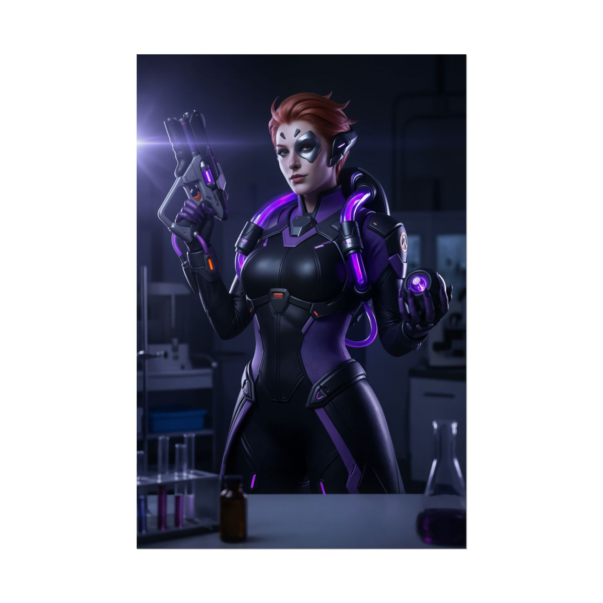 Moira Poster, Overwatch Art Print  Iconic Scientist Heroine Wall Art: dark sci-fi gamer room print featuring Moira in tech suit holding vial and device