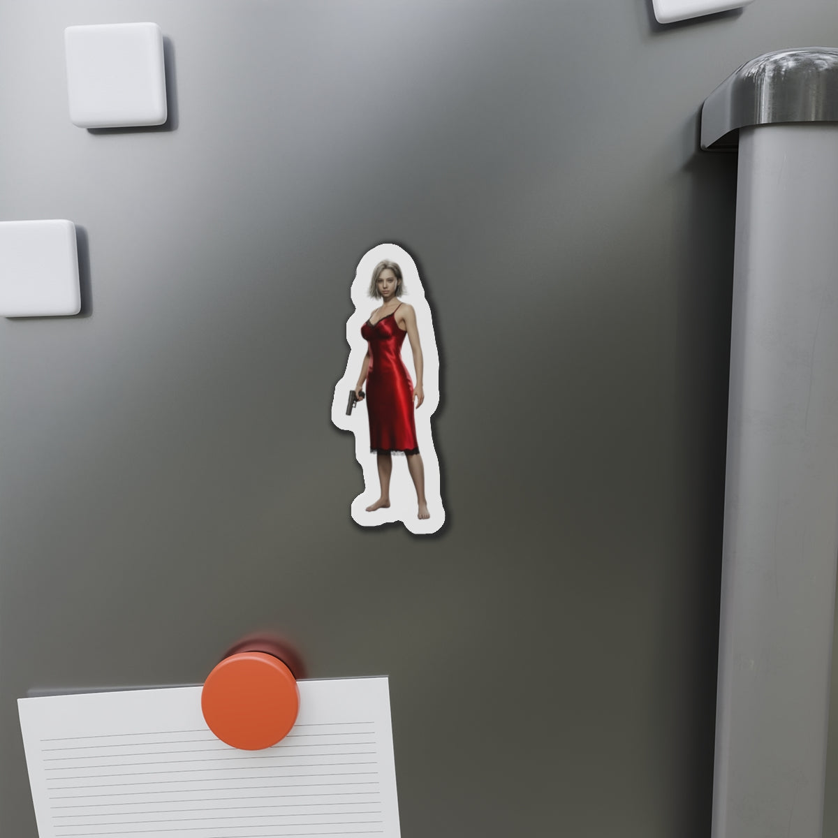 Grace Ashcroft Magnet, Resident Evil Fridge Magnet, Horror Character Gamer Gift - anime-style vinyl fridge magnet showing Grace Ashcroft in red dress