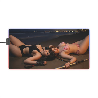 Tifa Lockhart and Aerith Gainsborough Desk Mat – LED RGB Pad featuring duo heroine artwork on a beach scene, RGB edge lighting, smooth precision-cloth surface