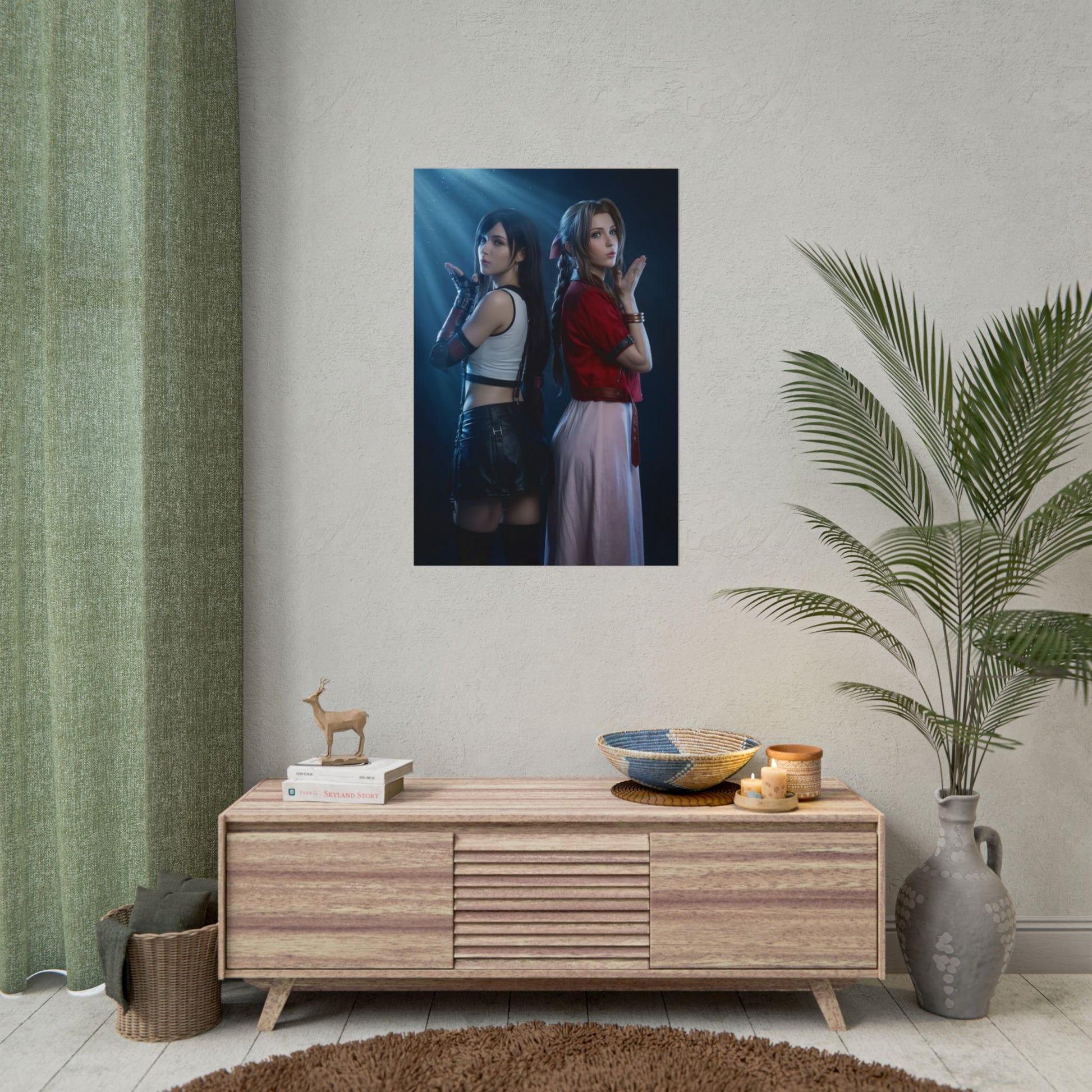 Tifa Lockhart and Aerith Poster – Iconic RPG Heroines Wall Art Decor showcasing vivid high-resolution character artwork in a modern room setting