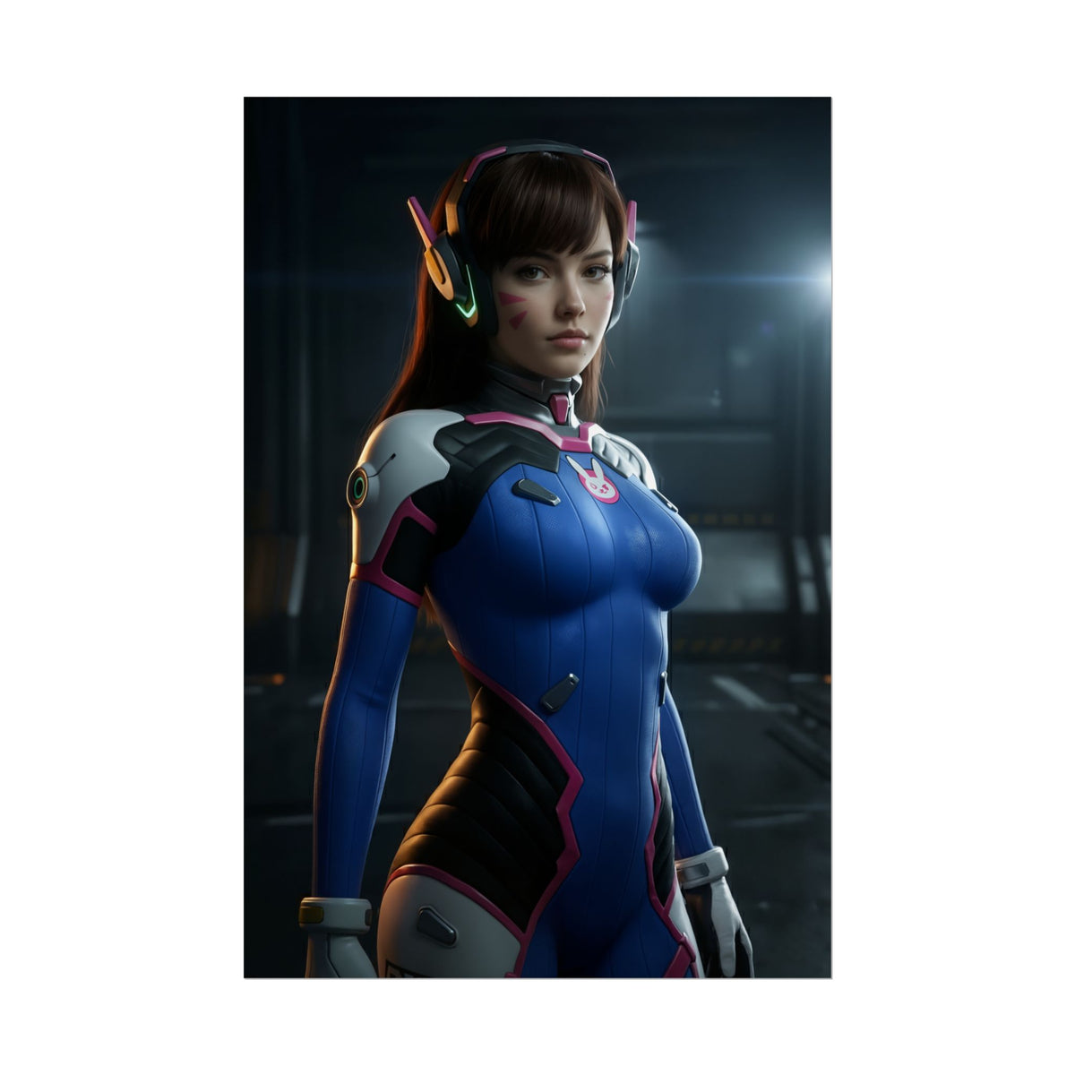 D.Va Poster, Overwatch Art Print  Iconic Esports Heroine Wall Art featuring D.Va in blue mecha suit for gamer room decor