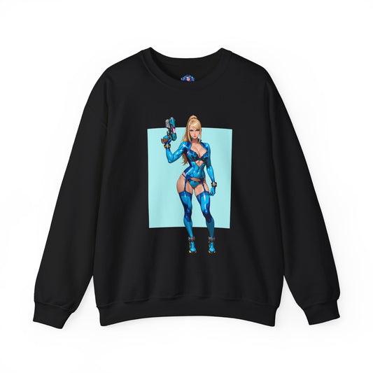 Samus Aran Sweatshirt, Interstellar Warrior Crewneck, Retro Sci-Fi Gaming Streetwear featuring armored silhouette graphic on black cozy crewneck