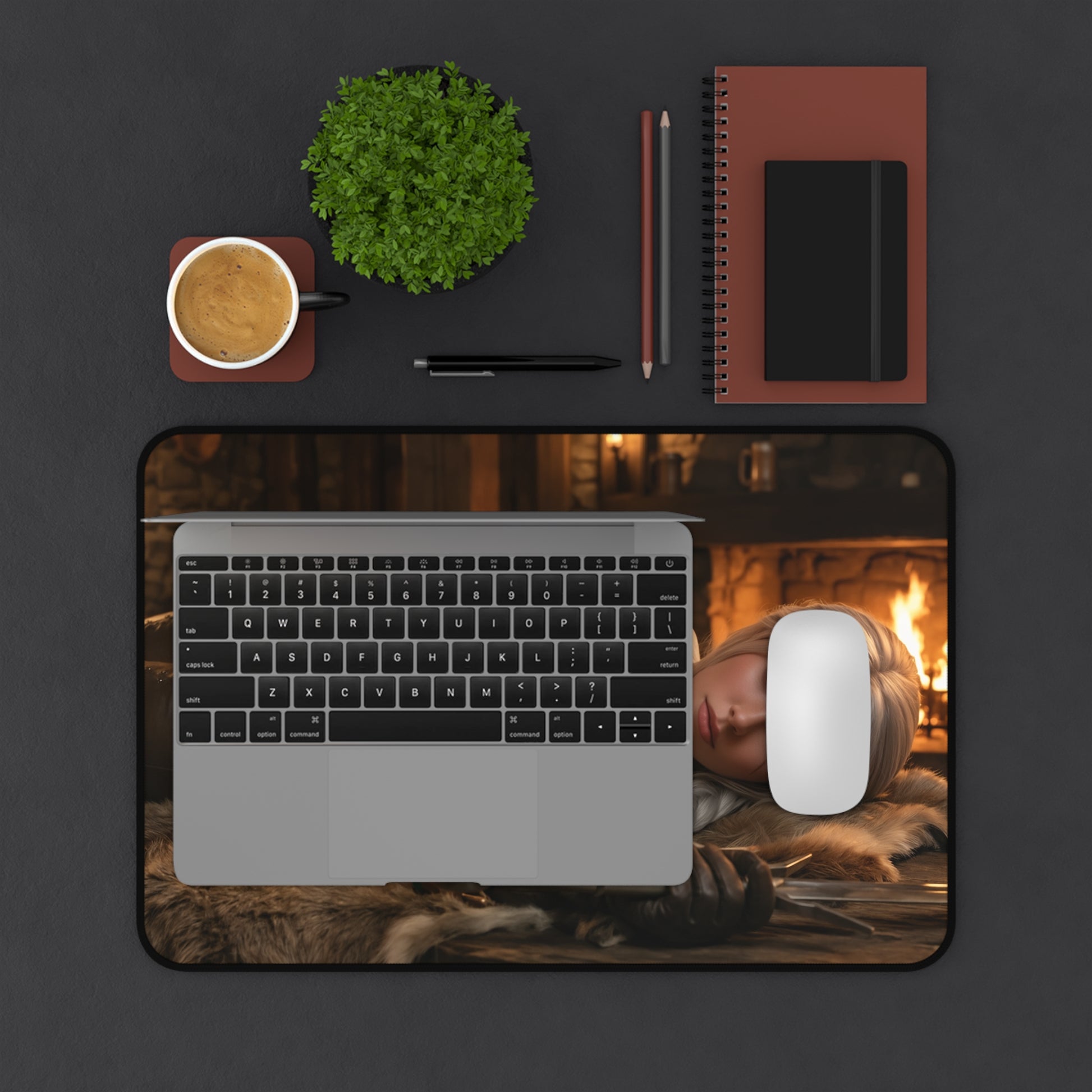 Ciri Gaming Mouse Pad, Witcher Desk Mat, Fantasy Heroine Gaming Setup featuring HD warrior artwork on a cozy desk mat with laptop and mouse