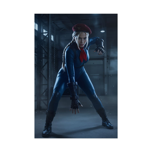 Juli Poster, Street Fighter Art Print – Iconic Fighting Game Heroine - dynamic full-body pose of femme assassin in beret and blue suit