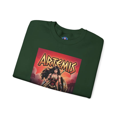 Artemis Sweatshirt, DC Comics Warrior Art, Premium Hero Apparel green crewneck showing battle-ready Artemis with spear and armor