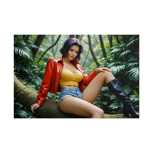 Faye Valentine Anime Wall Art | Space Waifu Poster for Otaku Collectors - stylish heroine in red jacket, yellow top, denim shorts, high-res sci‑fi jungle print