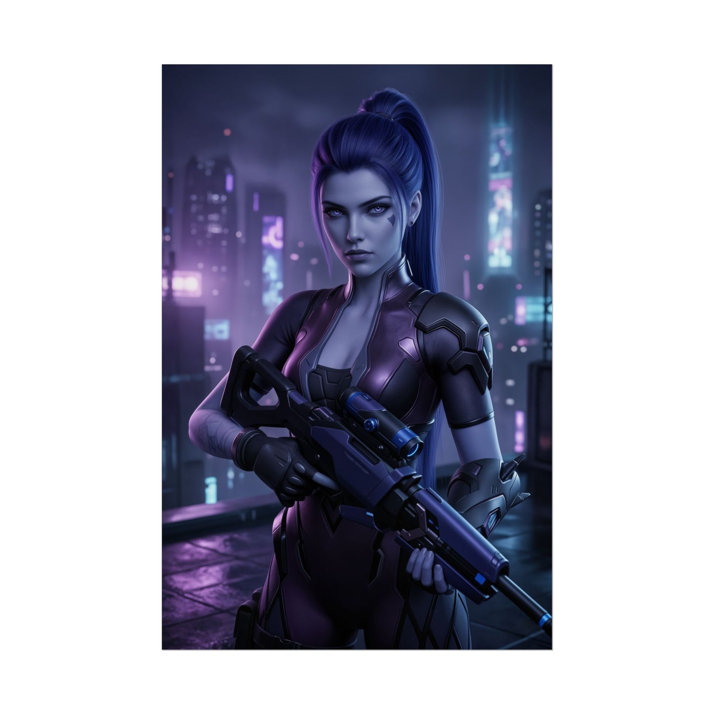 Widowmaker Poster Overwatch Wall Art Print Gaming Room Decor – neon-lit Widowmaker sniper portrait for gaming room and sci-fi fans
