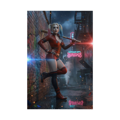 Harley Quinn Poster, DC Art Print – Iconic Comic Anti-Heroine Wall Art featuring Harley Quinn in red outfit with baseball bat in neon Gotham alley