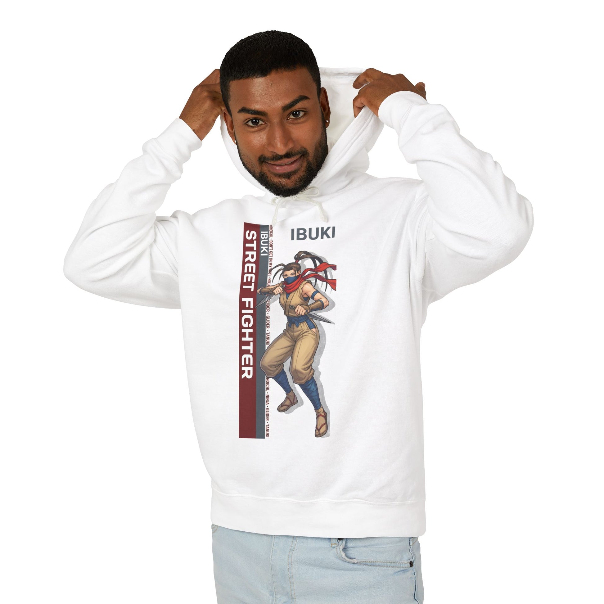 Ibuki Hoodie | Street Fighter Hoodie | Anime Ninja Girl Pullover white pullover worn by smiling model showing front graphic