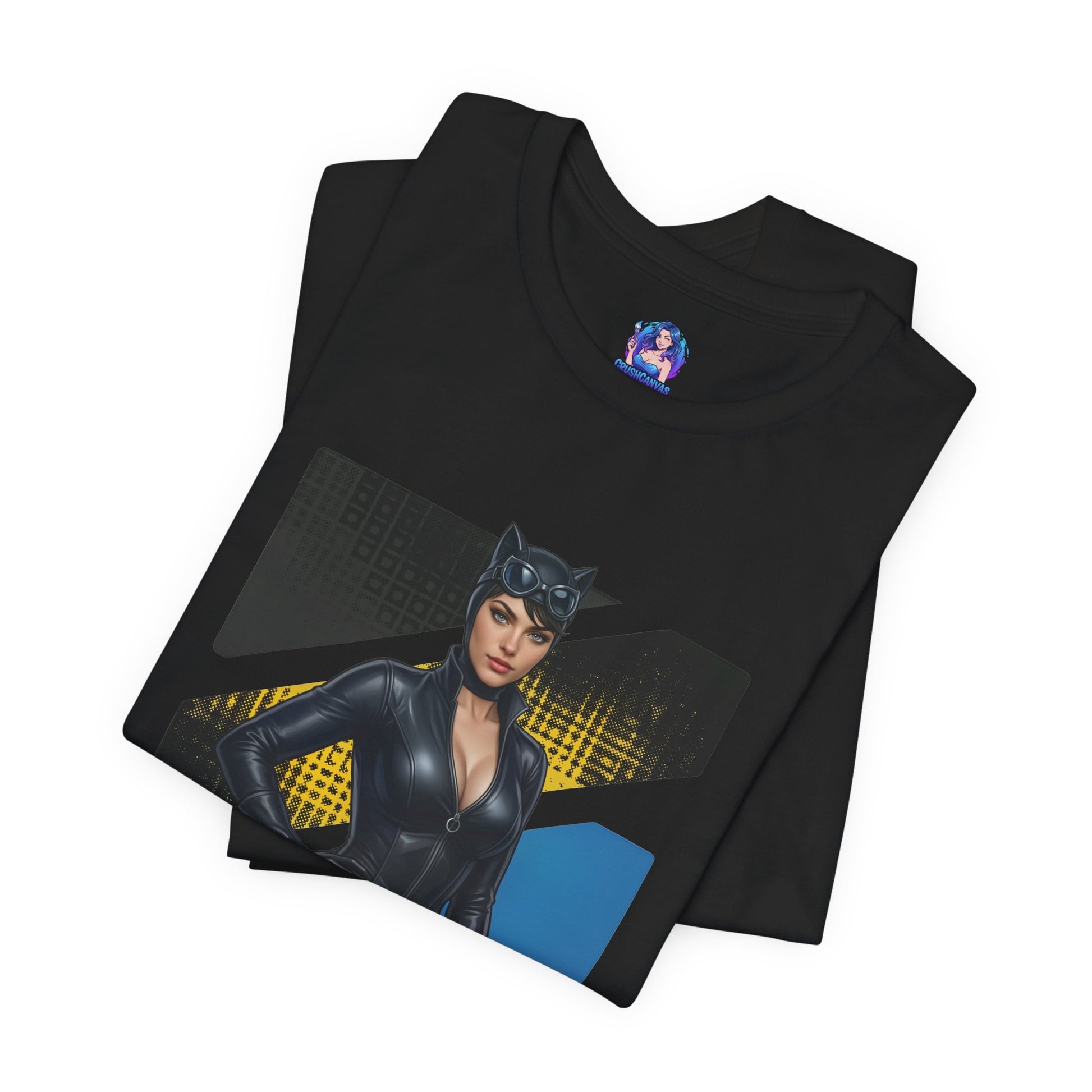 Alt Tag: Catwoman T-Shirt | DC Comics Anime Tee for Gamers & Comic Fans - black Bella Canvas tee with anime-style Catwoman illustration