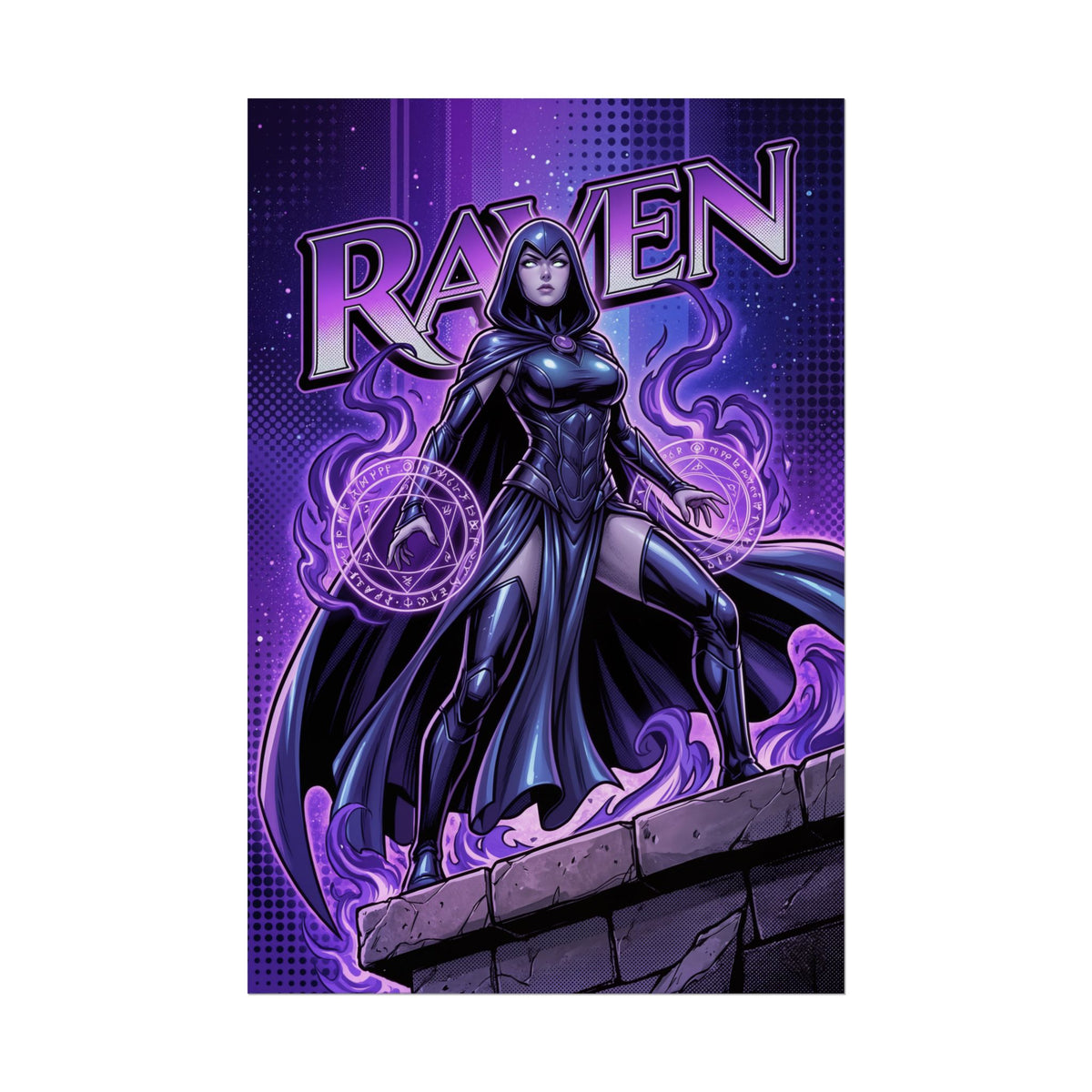 Raven Poster / Raven Wall Art / Raven Art Print / DC Comics Poster featuring Raven in violet magic energy, arcane symbols, dramatic dark fantasy wall art
