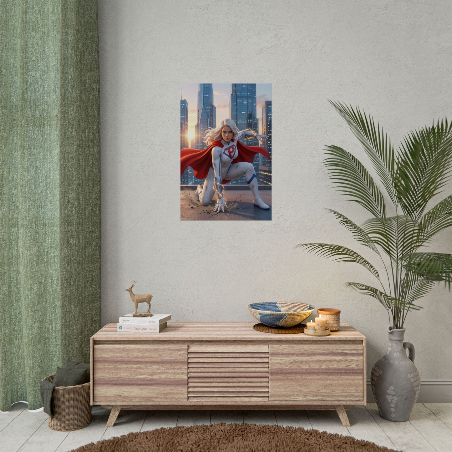 Power Girl Poster, DC Comics Art Print – Superhero Wall Art hung in modern gamer room above console, bold comic book wall decor for fans