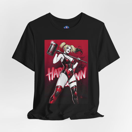 Harley Quinn T-Shirt | DC Comics Anime Tee for Gamers & Fans - black Bella Canvas tee featuring comic-style Harley Quinn with oversized hammer