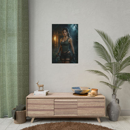 Lara Croft Poster Tomb Raider Wall Art Print Adventure Decor featuring Lara in jungle ruins with sunset lighting and action-packed combat stance