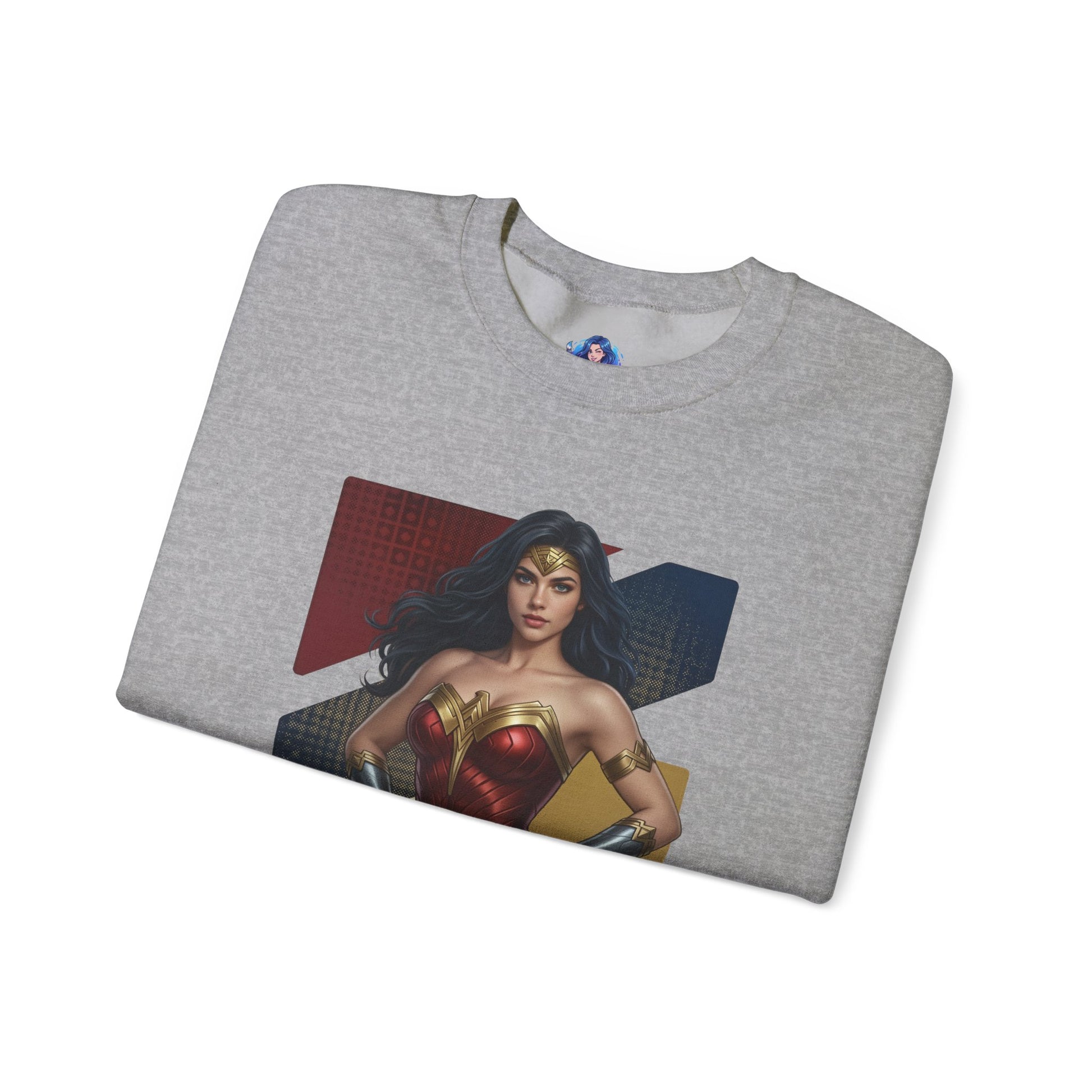 Wonder Woman Sweatshirt, DC Comics Crewneck, Legendary Superhero Apparel for Fans — folded grey crewneck with iconic Wonder Woman armor print