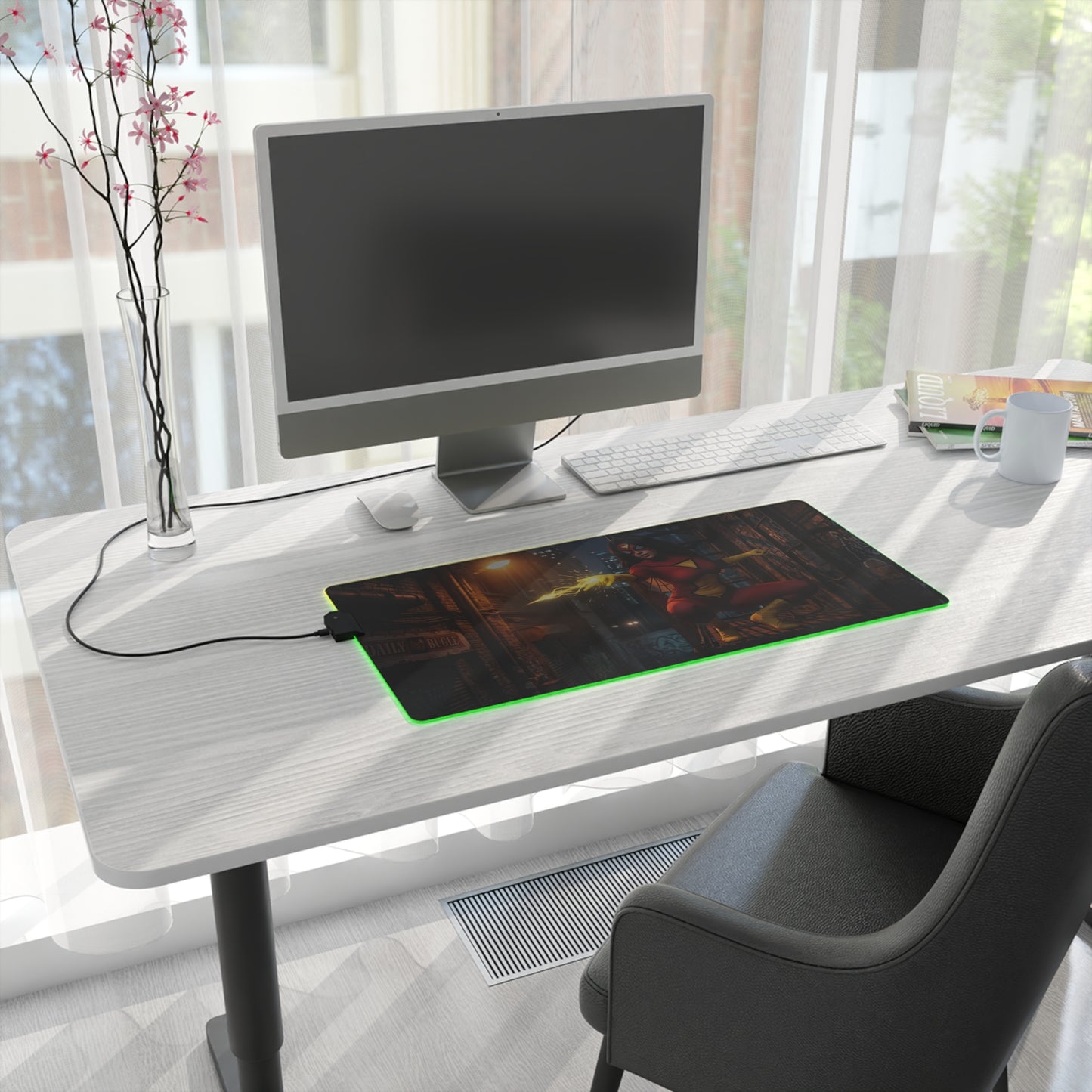 Spider-Woman Desk Mat – LED RGB Pad, Waifu Hero Anime Girl Setup on white desk with green RGB glow and gaming monitor