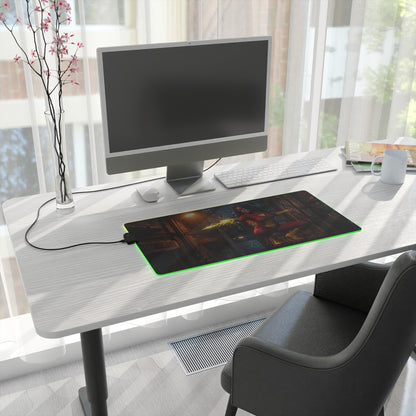 Spider-Woman Desk Mat – LED RGB Pad, Waifu Hero Anime Girl Setup on white desk with green RGB glow and gaming monitor