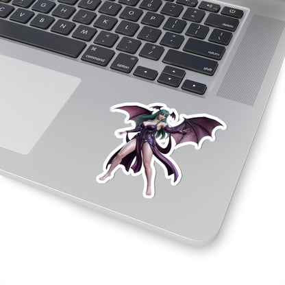 Morrigan Aensland Sticker – Darkstalkers Vinyl Sticker for Laptops & Indoor Decor vinyl sticker on silver laptop showing glossy, detailed Morrigan artwork