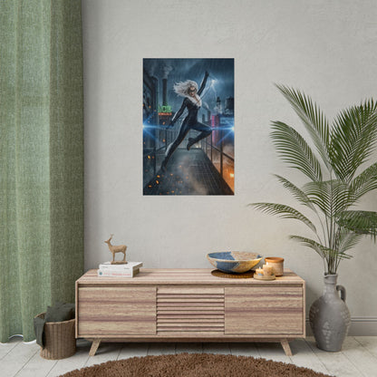 Black Cat Poster, Marvel Art Print – Iconic Comic Heroine Wall Decor on modern interior wall above console, high-resolution semi-gloss print
