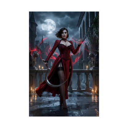 Lady Dimitrescu Poster / Lady Dimitrescu Wall Art / Lady Dimitrescu Art Print / Resident Evil Poster - gothic moonlit courtyard portrait of towering vampire noblewoman