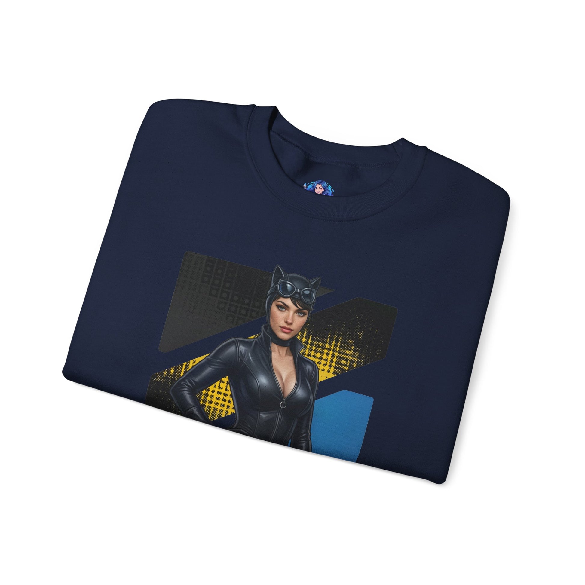 Catwoman Sweatshirt, DC Comics Crewneck, Sleek Superhero Apparel for Fans - navy crewneck with Catwoman graphic and sleek black aesthetic