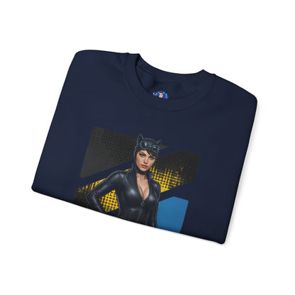 Catwoman Sweatshirt, DC Comics Crewneck, Sleek Superhero Apparel for Fans - navy crewneck with Catwoman graphic and sleek black aesthetic