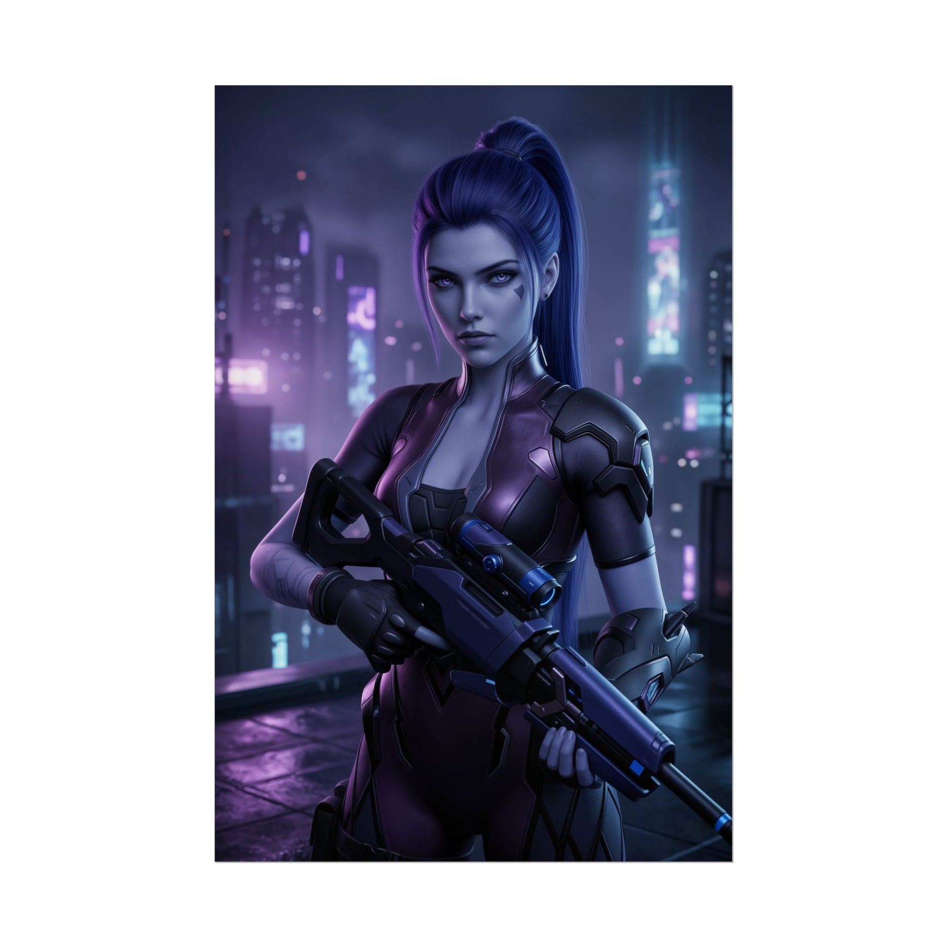 Widowmaker Poster Overwatch Wall Art Print Gaming Room Decor — neon-lit Widowmaker sniper in futuristic city, cool-toned sci-fi gaming room wall art