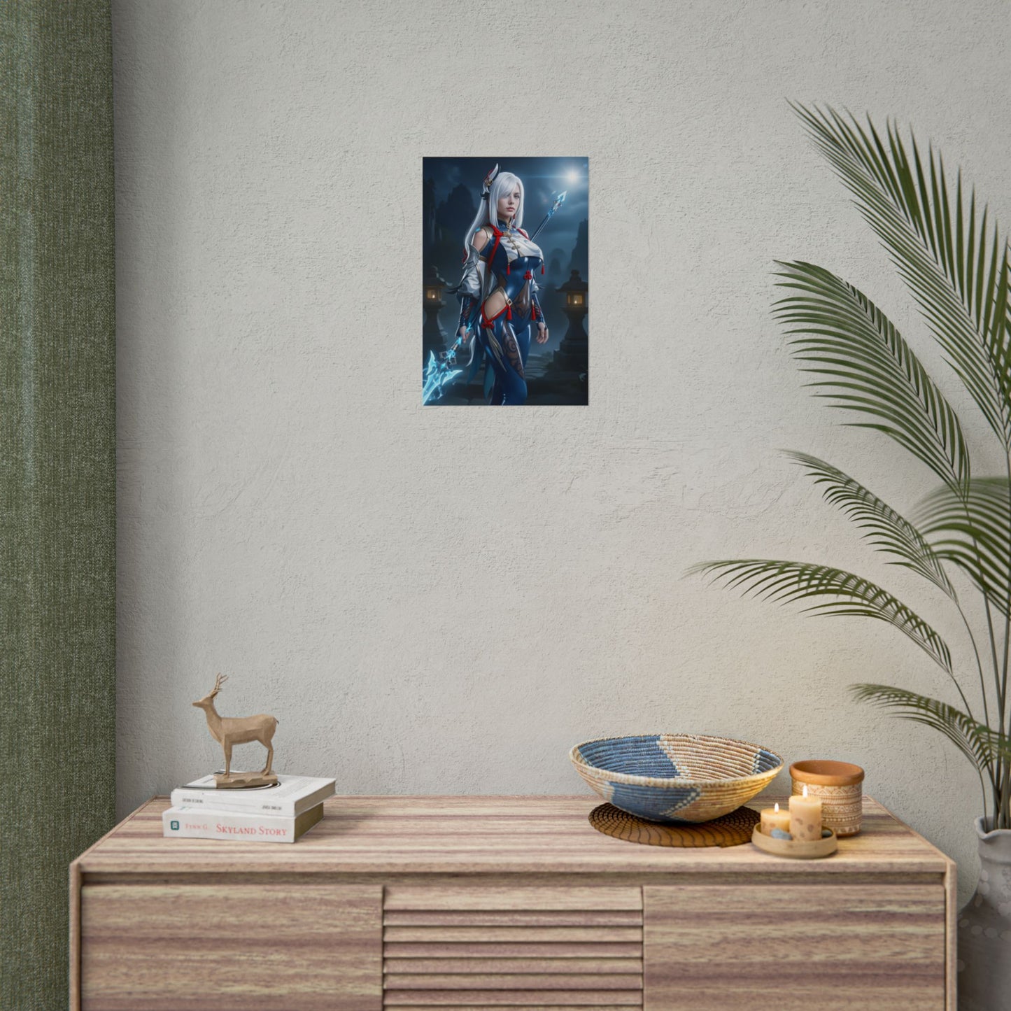Shenhe Poster, Genshin Impact Art Print – Iconic Cryo Adeptus Heroine on modern wall above dresser, elegant gaming anime room decor