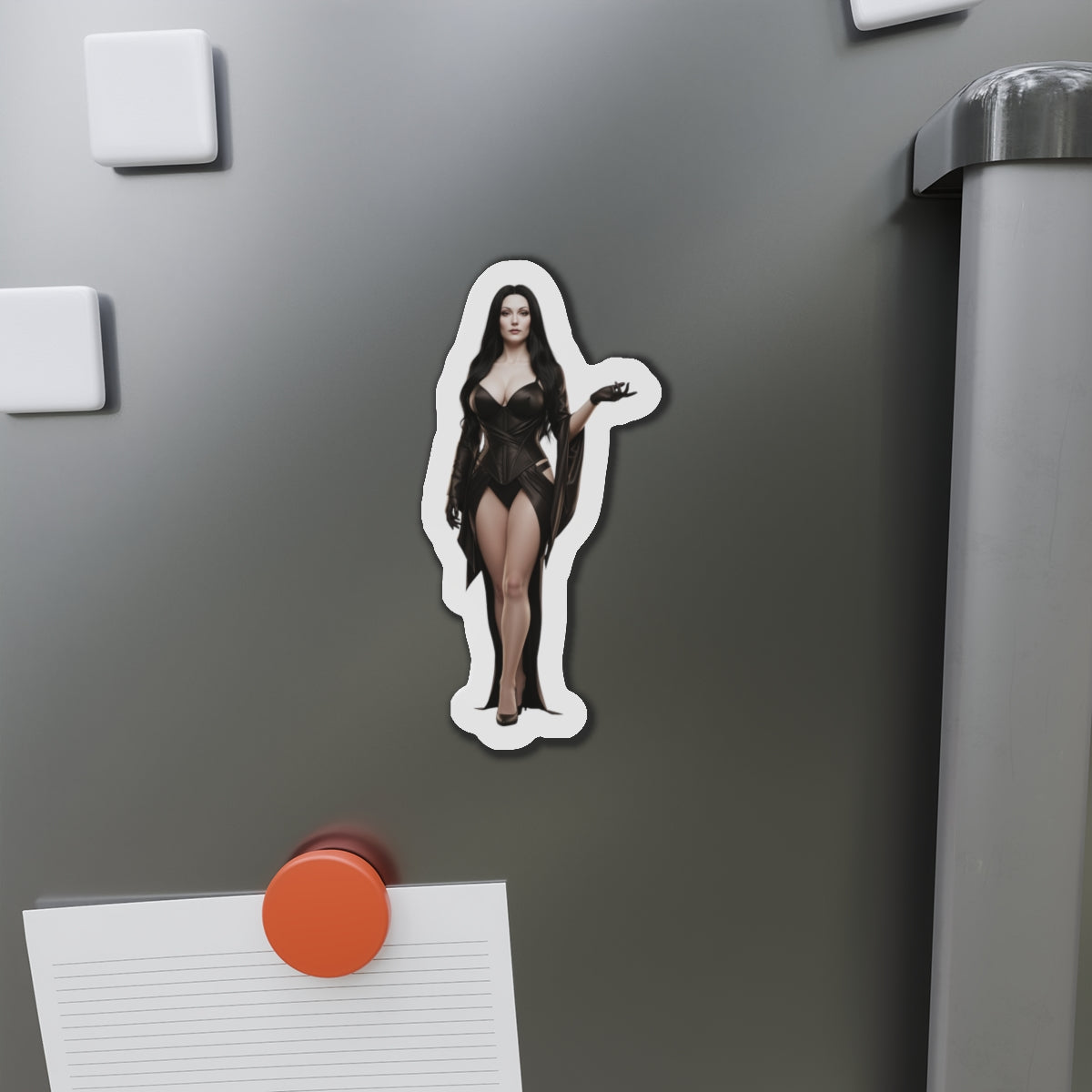 Morticia Addams Magnet – Gothic Icon Fridge Magnet, Anime Style Decor die-cut vinyl magnet on gray fridge showcasing anime-style gothic Morticia artwork, high-res color