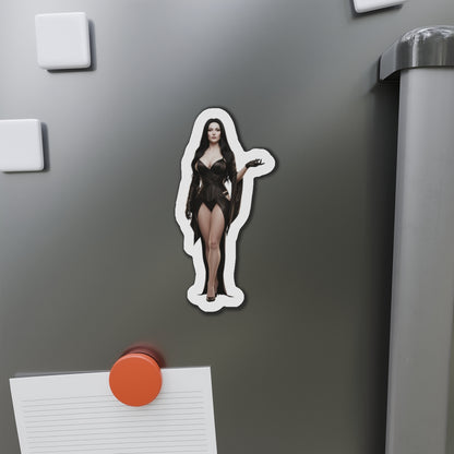 Morticia Addams Magnet – Gothic Icon Fridge Magnet, Anime Style Decor die-cut vinyl magnet on gray fridge showcasing anime-style gothic Morticia artwork, high-res color