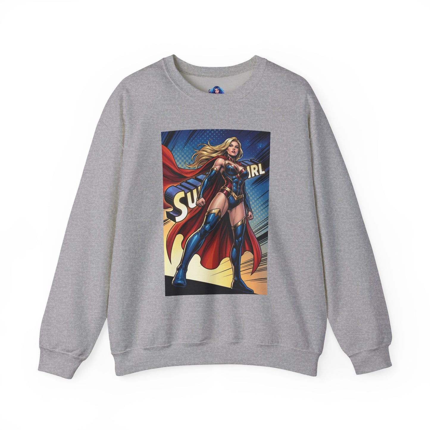 Supergirl Sweatshirt, DC Comics Crewneck, Iconic Superhero Fan Apparel — gray crewneck with bold comic-style Supergirl graphic and flowing red cape