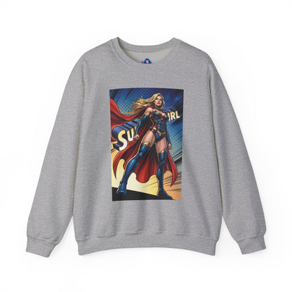 Supergirl Sweatshirt, DC Comics Crewneck, Iconic Superhero Fan Apparel — gray crewneck with bold comic-style Supergirl graphic and flowing red cape
