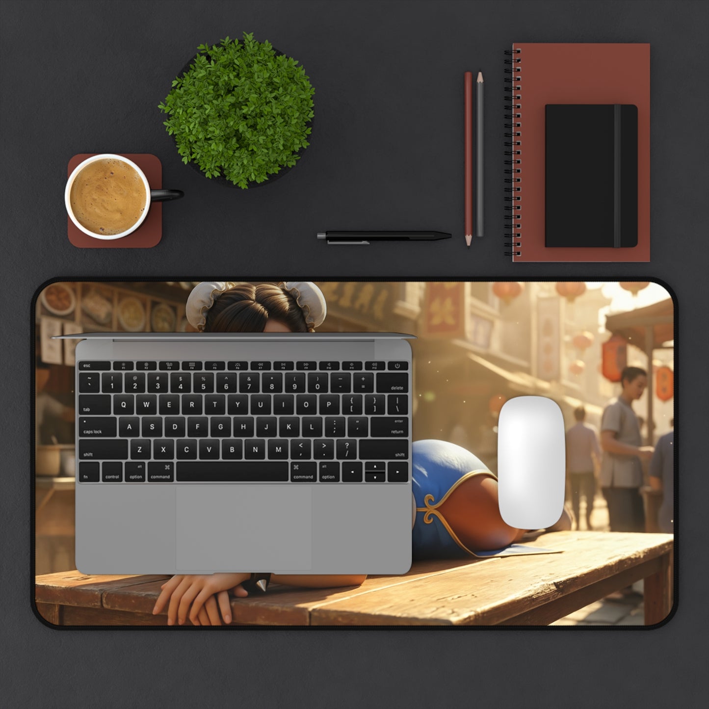 Chun-Li Gaming Mouse Pad, Street Fighter Desk Mat, Anime Martial Artist Setup — premium desk mat with Chun-Li artwork under laptop and mouse