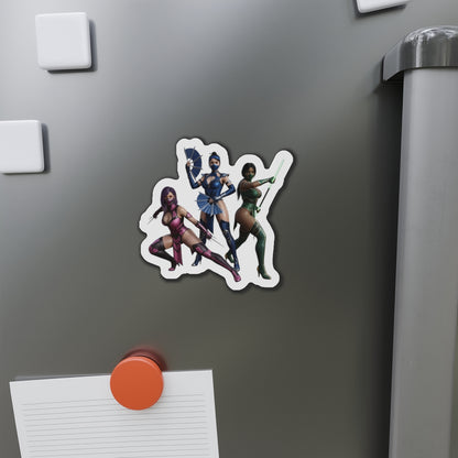Kitana, Jade, Mileena Magnet – Mortal Kombat Anime Trio Fridge Magnet die-cut vinyl magnet showing anime-style Kitana, Jade and Mileena on a gray fridge