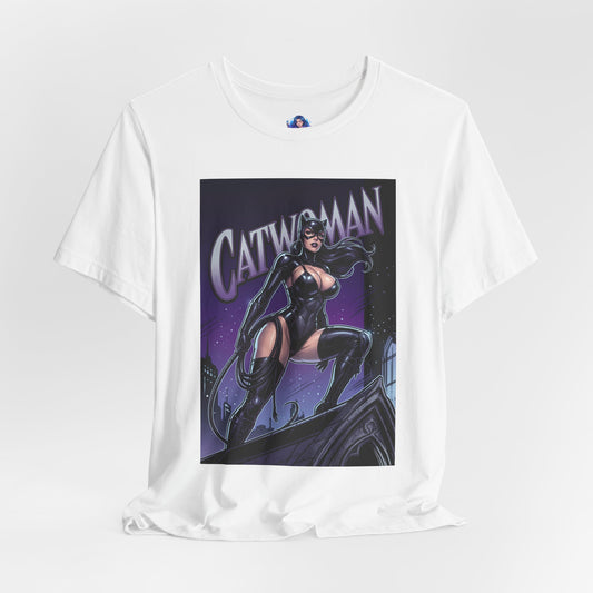 Catwoman T-Shirt | DC Comics Anime Tee for Gamers & Fans – white Bella Canvas tee featuring comic-style Catwoman on rooftop with whip