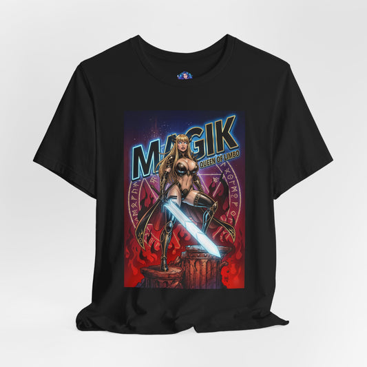 Magik T-Shirt | Marvel X-Men Anime Tee for Gamers & Fans showing Magik in dark armor with glowing sword and Limbo symbols on black Bella Canvas tee
