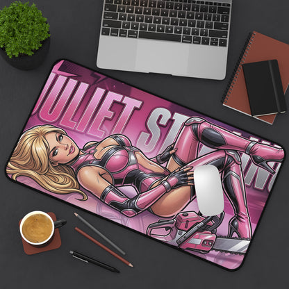 Juliet Starling Desk Mat, Lollipop Chainsaw Mouse Pad, Gamer Desk Decor featuring vibrant comic-style Juliet Starling with chainsaw on pink gamer desk mat