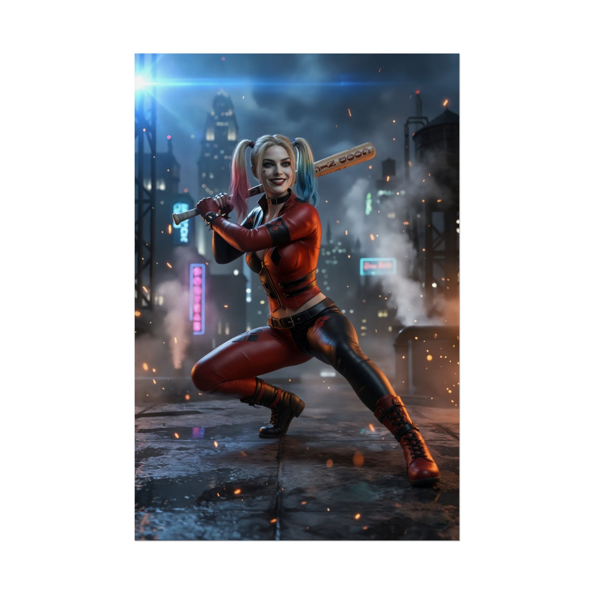 Harley Quinn Poster, DC Comics Art Print  Classic Comic Wall Decor featuring dynamic Harley Quinn with bat in neon Gotham rooftop scene
