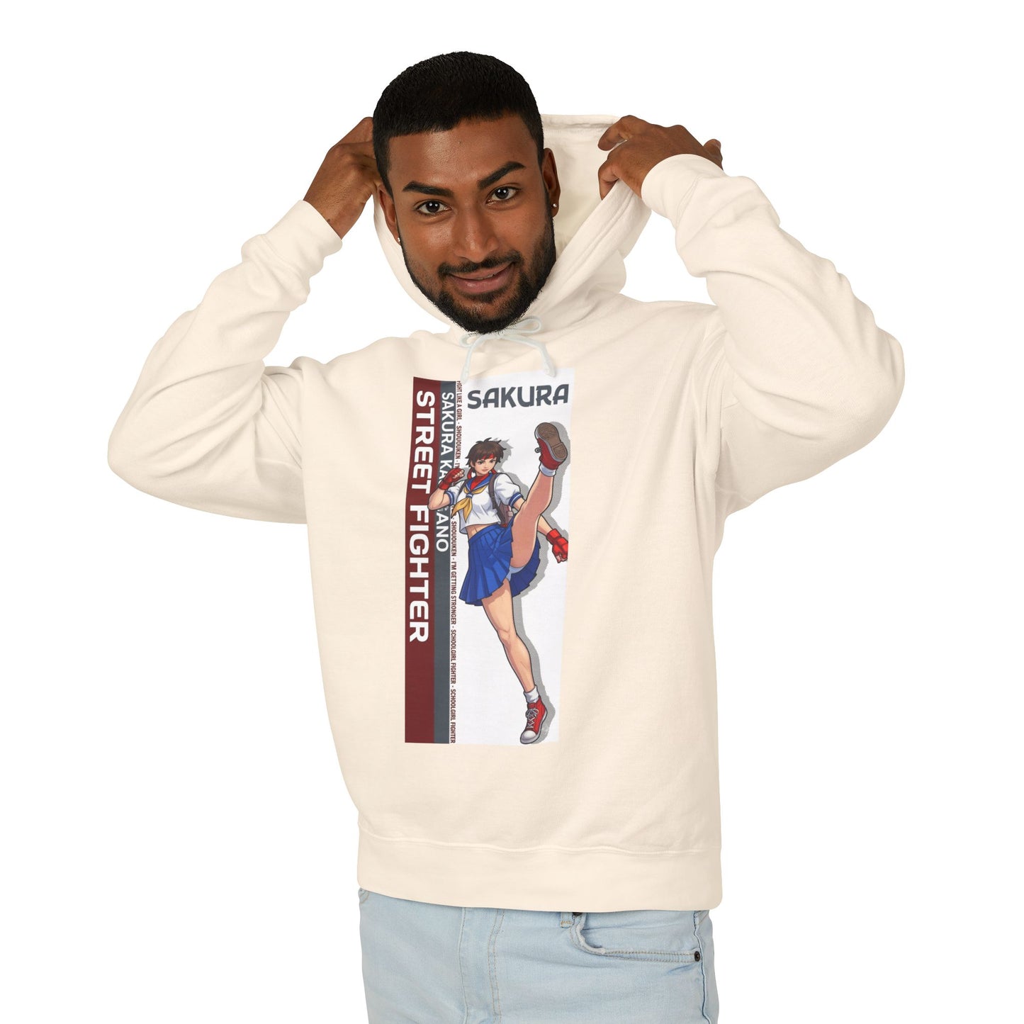 Sakura Hoodie | Street Fighter Hoodie | Anime Martial Artist Pullover — model wearing cream pullover with energetic Sakura illustration