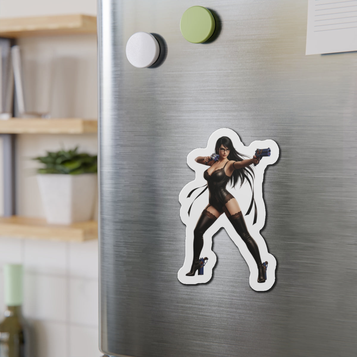 Bayonetta Magnet – Action Game Heroine Fridge Magnet, Anime Style Decor on stainless fridge showing die-cut vinyl Bayonetta anime-style artwork