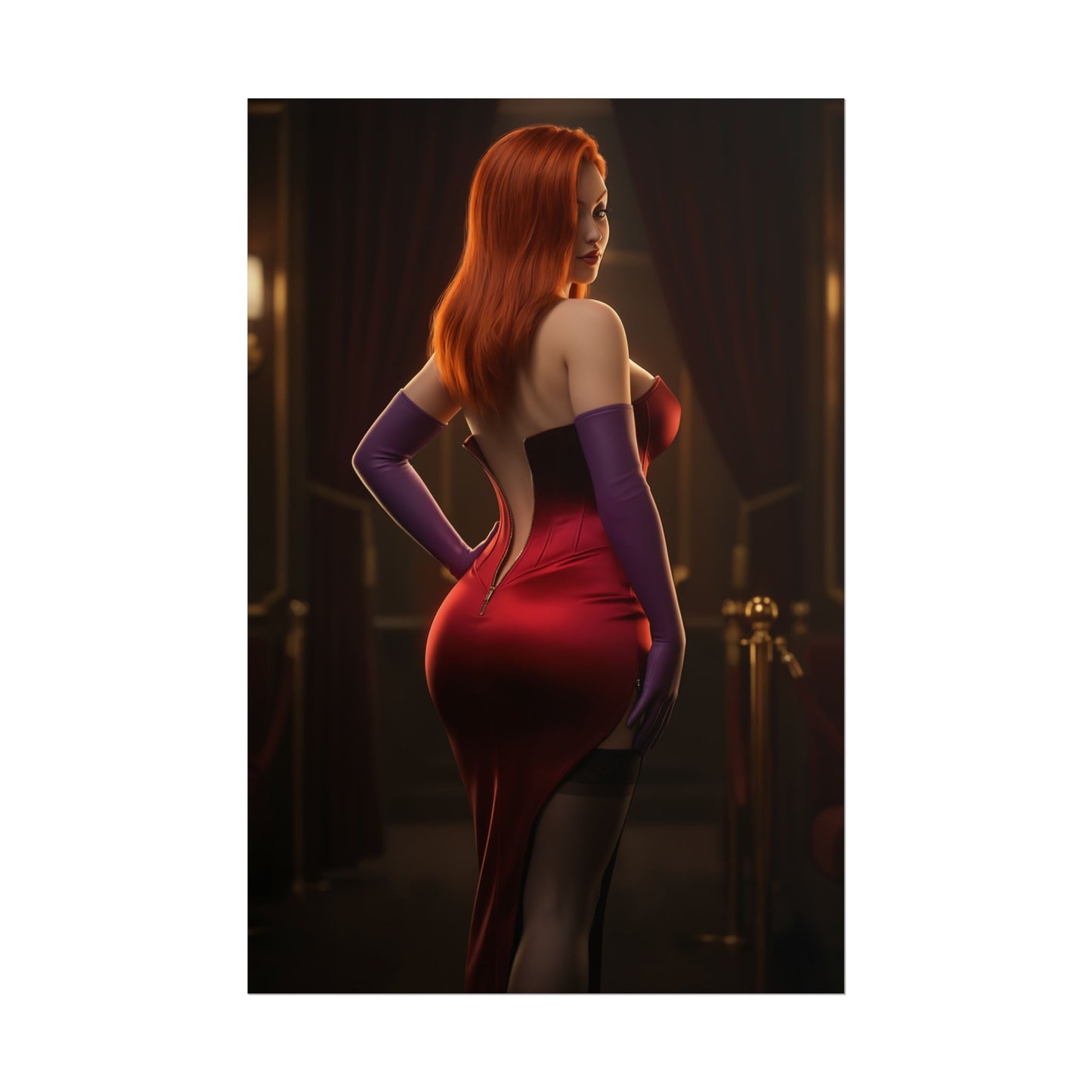 Jessica Rabbit Poster, Classic Animation Art Print – Iconic Femme Fatale poster showing glamorous red-dress animation character in theater setting