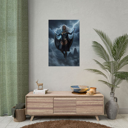 Storm Poster, Marvel Art Print – Powerful Heroine Wall Art framed on living room wall above console, dramatic lightning and stormy sky